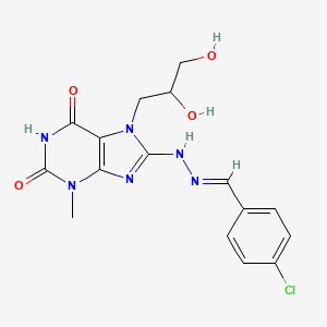 molecular formula C16H17ClN6O4 B2573229 (E)-8-(2-(4-chlorobenzylidene)hydrazinyl)-7-(2,3-dihydroxypropyl)-3-methyl-1H-purine-2,6(3H,7H)-dione CAS No. 377057-60-8