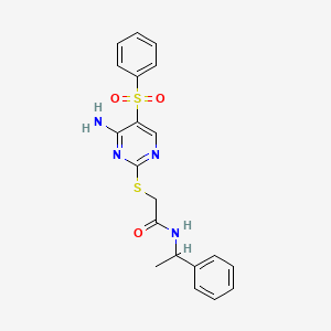 molecular formula C20H20N4O3S2 B2573274 2-((4-amino-5-(phenylsulfonyl)pyrimidin-2-yl)thio)-N-(1-phenylethyl)acetamide CAS No. 1428348-59-7