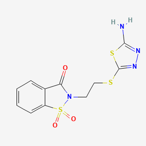 molecular formula C11H10N4O3S3 B2573294 2-{2-[(5-氨基-1,3,4-噻二唑-2-基)硫代]乙基}-1,2-苯并异噻唑-3(2H)-酮-1,1-二氧化物 CAS No. 823831-07-8