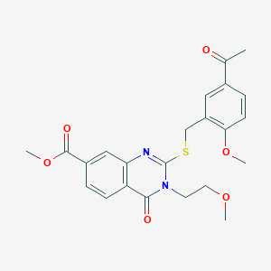 molecular formula C23H24N2O6S B2573492 methyl 2-{[(5-acetyl-2-methoxyphenyl)methyl]sulfanyl}-3-(2-methoxyethyl)-4-oxo-3,4-dihydroquinazoline-7-carboxylate CAS No. 422273-80-1