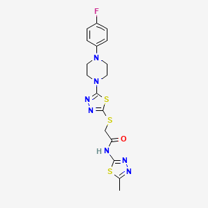 molecular formula C17H18FN7OS3 B2573508 2-((5-(4-(4-fluorophenyl)piperazin-1-yl)-1,3,4-thiadiazol-2-yl)thio)-N-(5-methyl-1,3,4-thiadiazol-2-yl)acetamide CAS No. 1105222-06-7