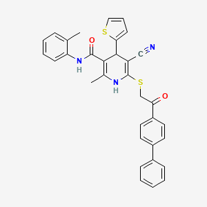 molecular formula C33H27N3O2S2 B2573586 6-[(2-{[1,1'-BIPHENYL]-4-YL}-2-OXOETHYL)SULFANYL]-5-CYANO-2-METHYL-N-(2-METHYLPHENYL)-4-(THIOPHEN-2-YL)-1,4-DIHYDROPYRIDINE-3-CARBOXAMIDE CAS No. 277756-60-2