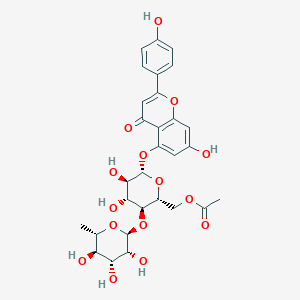 molecular formula C29H32O15 B025736 [4,5-Dihydroxy-6-[7-hydroxy-2-(4-hydroxyphenyl)-4-oxo-chromen-5-yl]oxy-3-(3,4,5-trihydroxy-6-methyl-tetrahydropyran-2-yl)oxy-tetrahydropyran-2-yl]methyl acetate CAS No. 109232-77-1