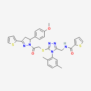 molecular formula C32H30N6O3S3 B2573770 N-{[4-(2,5-dimethylphenyl)-5-({2-[5-(4-methoxyphenyl)-3-(thiophen-2-yl)-4,5-dihydro-1H-pyrazol-1-yl]-2-oxoethyl}sulfanyl)-4H-1,2,4-triazol-3-yl]methyl}thiophene-2-carboxamide CAS No. 362508-56-3