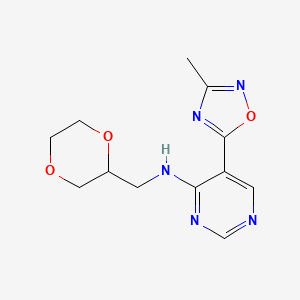 molecular formula C12H15N5O3 B2573776 N-[(1,4-dioxan-2-yl)methyl]-5-(3-methyl-1,2,4-oxadiazol-5-yl)pyrimidin-4-amine CAS No. 2034340-08-2