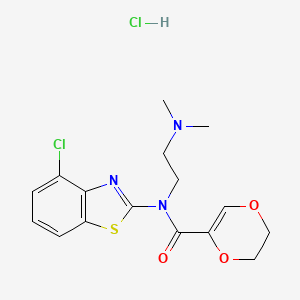 molecular formula C16H19Cl2N3O3S B2573801 N-(4-CHLORO-1,3-BENZOTHIAZOL-2-YL)-N-[2-(DIMETHYLAMINO)ETHYL]-5,6-DIHYDRO-1,4-DIOXINE-2-CARBOXAMIDE HYDROCHLORIDE CAS No. 1216525-49-3