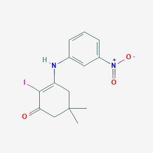 molecular formula C14H15IN2O3 B2573807 2-Iodo-5,5-dimethyl-3-[(3-nitrophenyl)amino]cyclohex-2-en-1-one CAS No. 946386-71-6