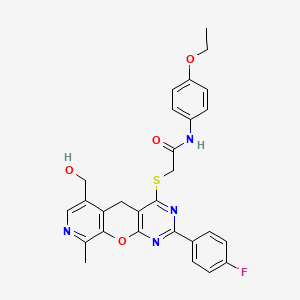 molecular formula C28H25FN4O4S B2573931 N-(4-ethoxyphenyl)-2-[[5-(4-fluorophenyl)-11-(hydroxymethyl)-14-methyl-2-oxa-4,6,13-triazatricyclo[8.4.0.03,8]tetradeca-1(10),3(8),4,6,11,13-hexaen-7-yl]sulfanyl]acetamide CAS No. 892385-66-9