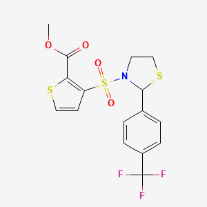 molecular formula C16H14F3NO4S3 B2574082 Methyl 3-((2-(4-(trifluoromethyl)phenyl)thiazolidin-3-yl)sulfonyl)thiophene-2-carboxylate CAS No. 2034484-22-3