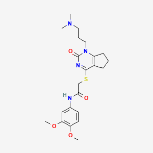 molecular formula C22H30N4O4S B2574114 N-(3,4-dimethoxyphenyl)-2-((1-(3-(dimethylamino)propyl)-2-oxo-2,5,6,7-tetrahydro-1H-cyclopenta[d]pyrimidin-4-yl)thio)acetamide CAS No. 898434-24-7