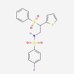 molecular formula C18H16FNO4S3 B2574308 N-[2-(benzenesulfonyl)-2-(thiophen-2-yl)ethyl]-4-fluorobenzene-1-sulfonamide CAS No. 896341-33-6