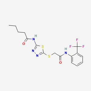 molecular formula C16H17F3N4O2S2 B2574343 N-(5-((2-oxo-2-((2-(trifluoromethyl)phenyl)amino)ethyl)thio)-1,3,4-thiadiazol-2-yl)pentanamide CAS No. 392296-85-4