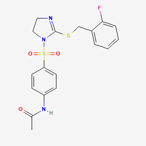 molecular formula C18H18FN3O3S2 B2574693 N-(4-((2-((2-fluorobenzyl)thio)-4,5-dihydro-1H-imidazol-1-yl)sulfonyl)phenyl)acetamide CAS No. 868218-55-7