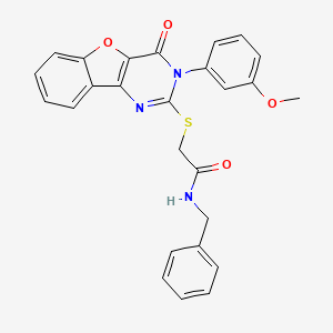 molecular formula C26H21N3O4S B2574699 N-benzyl-2-{[5-(3-methoxyphenyl)-6-oxo-8-oxa-3,5-diazatricyclo[7.4.0.0^{2,7}]trideca-1(9),2(7),3,10,12-pentaen-4-yl]sulfanyl}acetamide CAS No. 872209-32-0