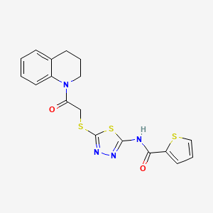 molecular formula C18H16N4O2S3 B2574825 N-(5-((2-(3,4-dihydroquinolin-1(2H)-yl)-2-oxoethyl)thio)-1,3,4-thiadiazol-2-yl)thiophene-2-carboxamide CAS No. 392300-08-2