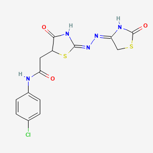 molecular formula C14H12ClN5O3S2 B2575655 N-(4-chlorophenyl)-2-((E)-4-oxo-2-((E)-(2-oxothiazolidin-4-ylidene)hydrazono)thiazolidin-5-yl)acetamide CAS No. 613219-23-1