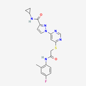molecular formula C20H19FN6O2S B2575900 N-cyclopropyl-1-(6-((2-((4-fluoro-2-methylphenyl)amino)-2-oxoethyl)thio)pyrimidin-4-yl)-1H-pyrazole-3-carboxamide CAS No. 1251604-38-2