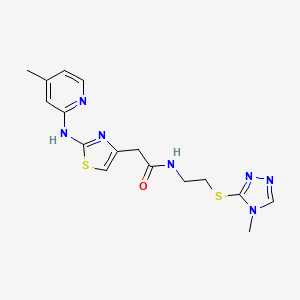 molecular formula C16H19N7OS2 B2576143 N-(2-((4-methyl-4H-1,2,4-triazol-3-yl)thio)ethyl)-2-(2-((4-methylpyridin-2-yl)amino)thiazol-4-yl)acetamide CAS No. 1226446-75-8