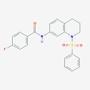 molecular formula C22H19FN2O3S B2576211 N-[1-(benzenesulfonyl)-1,2,3,4-tetrahydroquinolin-7-yl]-4-fluorobenzamide CAS No. 1005299-30-8