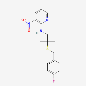 molecular formula C16H18FN3O2S B2576545 N-{2-[(4-fluorobenzyl)sulfanyl]-2-methylpropyl}-3-nitro-2-pyridinamine CAS No. 339104-35-7