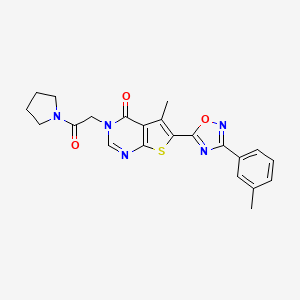 molecular formula C22H21N5O3S B2576597 5-methyl-6-[3-(3-methylphenyl)-1,2,4-oxadiazol-5-yl]-3-[2-oxo-2-(pyrrolidin-1-yl)ethyl]-3H,4H-thieno[2,3-d]pyrimidin-4-one CAS No. 1105225-28-2