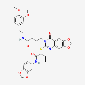 molecular formula C34H36N4O9S B2576662 N-(2H-1,3-benzodioxol-5-yl)-2-{[7-(3-{[2-(3,4-dimethoxyphenyl)ethyl]carbamoyl}propyl)-8-oxo-2H,7H,8H-[1,3]dioxolo[4,5-g]quinazolin-6-yl]sulfanyl}butanamide CAS No. 688060-77-7