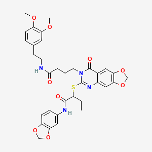 N-(benzo[d][1,3]dioxol-5-yl)-2-((7-(4-((3,4-dimethoxyphenethyl)amino)-4-oxobutyl)-8-oxo-7,8-dihydro-[1,3]dioxolo[4,5-g]quinazolin-6-yl)thio)butanamide