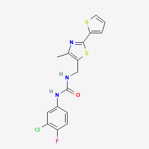molecular formula C16H13ClFN3OS2 B2576868 1-(3-Chloro-4-fluorophenyl)-3-((4-methyl-2-(thiophen-2-yl)thiazol-5-yl)methyl)urea CAS No. 1396565-07-3