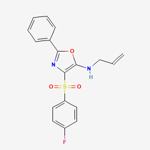 molecular formula C18H15FN2O3S B2576878 N-烯丙基-4-((4-氟苯基)磺酰)-2-苯基噁唑-5-胺 CAS No. 823828-59-7