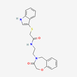 molecular formula C21H21N3O3S B2576889 2-((1H-indol-3-yl)thio)-N-(2-(3-oxo-2,3-dihydrobenzo[f][1,4]oxazepin-4(5H)-yl)ethyl)acetamide CAS No. 1903154-72-2