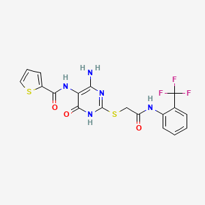 molecular formula C18H14F3N5O3S2 B2577209 N-(4-amino-6-oxo-2-((2-oxo-2-((2-(trifluoromethyl)phenyl)amino)ethyl)thio)-1,6-dihydropyrimidin-5-yl)thiophene-2-carboxamide CAS No. 868225-65-4