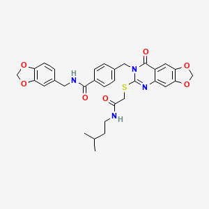 molecular formula C32H32N4O7S B2577637 N-[(2H-1,3-benzodioxol-5-yl)methyl]-4-{[6-({[(3-methylbutyl)carbamoyl]methyl}sulfanyl)-8-oxo-2H,7H,8H-[1,3]dioxolo[4,5-g]quinazolin-7-yl]methyl}benzamide CAS No. 688061-94-1