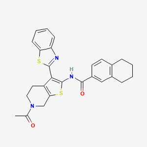 molecular formula C27H25N3O2S2 B2577713 N-[6-acetyl-3-(1,3-benzothiazol-2-yl)-4H,5H,6H,7H-thieno[2,3-c]pyridin-2-yl]-5,6,7,8-tetrahydronaphthalene-2-carboxamide CAS No. 864859-70-1