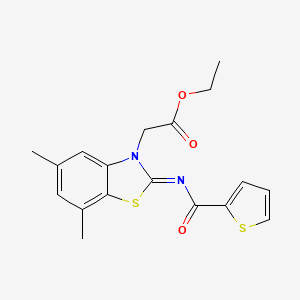 molecular formula C18H18N2O3S2 B2578060 ethyl 2-[(2Z)-5,7-dimethyl-2-[(thiophene-2-carbonyl)imino]-2,3-dihydro-1,3-benzothiazol-3-yl]acetate CAS No. 868675-02-9