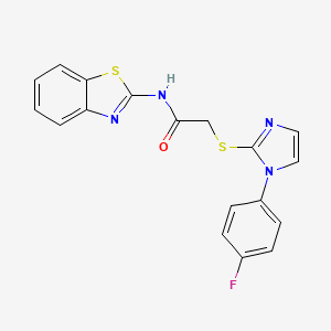 molecular formula C18H13FN4OS2 B2578386 N-(1,3-benzothiazol-2-yl)-2-{[1-(4-fluorophenyl)-1H-imidazol-2-yl]sulfanyl}acetamide CAS No. 688336-86-9