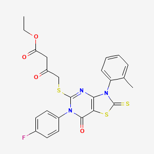 molecular formula C24H20FN3O4S3 B2578526 ethyl 4-{[6-(4-fluorophenyl)-3-(2-methylphenyl)-7-oxo-2-sulfanylidene-2H,3H,6H,7H-[1,3]thiazolo[4,5-d]pyrimidin-5-yl]sulfanyl}-3-oxobutanoate CAS No. 422298-45-1