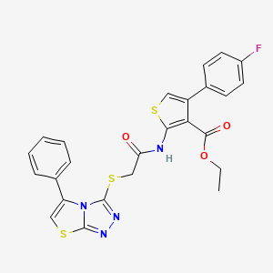 molecular formula C25H19FN4O3S3 B2578842 ETHYL 4-(4-FLUOROPHENYL)-2-[2-({5-PHENYL-[1,2,4]TRIAZOLO[3,4-B][1,3]THIAZOL-3-YL}SULFANYL)ACETAMIDO]THIOPHENE-3-CARBOXYLATE CAS No. 671199-74-9