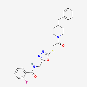 molecular formula C24H25FN4O3S B2579059 N-[(5-{[2-(4-benzylpiperidin-1-yl)-2-oxoethyl]sulfanyl}-1,3,4-oxadiazol-2-yl)methyl]-2-fluorobenzamide CAS No. 851860-74-7