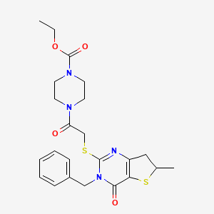 molecular formula C23H28N4O4S2 B2579070 ethyl 4-[2-({3-benzyl-6-methyl-4-oxo-3H,4H,6H,7H-thieno[3,2-d]pyrimidin-2-yl}sulfanyl)acetyl]piperazine-1-carboxylate CAS No. 689262-63-3