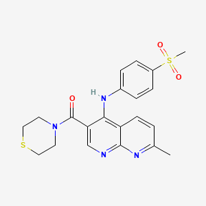 molecular formula C21H22N4O3S2 B2579154 N-(4-methanesulfonylphenyl)-7-methyl-3-(thiomorpholine-4-carbonyl)-1,8-naphthyridin-4-amine CAS No. 1251690-32-0
