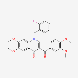 molecular formula C27H22FNO6 B2579170 8-(3,4-Dimethoxybenzoyl)-6-[(2-fluorophenyl)methyl]-2,3-dihydro-[1,4]dioxino[2,3-g]quinolin-9-one CAS No. 866808-19-7