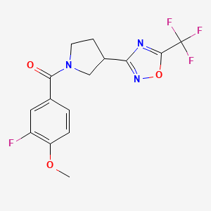 molecular formula C15H13F4N3O3 B2579237 (3-Fluoro-4-methoxyphenyl)(3-(5-(trifluoromethyl)-1,2,4-oxadiazol-3-yl)pyrrolidin-1-yl)methanone CAS No. 2034352-61-7