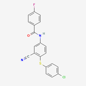 molecular formula C20H12ClFN2OS B2579239 N-{4-[(4-chlorophenyl)sulfanyl]-3-cyanophenyl}-4-fluorobenzenecarboxamide CAS No. 306980-47-2
