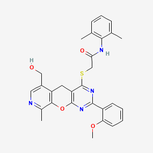 molecular formula C29H28N4O4S B2579333 N-(2,6-dimethylphenyl)-2-[[11-(hydroxymethyl)-5-(2-methoxyphenyl)-14-methyl-2-oxa-4,6,13-triazatricyclo[8.4.0.03,8]tetradeca-1(10),3(8),4,6,11,13-hexaen-7-yl]sulfanyl]acetamide CAS No. 892379-92-9