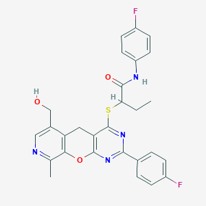molecular formula C28H24F2N4O3S B2579471 N-(4-fluorophenyl)-2-[[5-(4-fluorophenyl)-11-(hydroxymethyl)-14-methyl-2-oxa-4,6,13-triazatricyclo[8.4.0.03,8]tetradeca-1(10),3(8),4,6,11,13-hexaen-7-yl]sulfanyl]butanamide CAS No. 892414-63-0