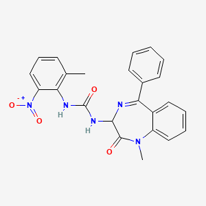 molecular formula C24H21N5O4 B2579510 N-(2,5-diaza-2-methyl-3-oxo-6-phenylbicyclo[5.4.0]undeca-1(7),5,8,10-tetraen-4-yl)((2-methyl-6-nitrophenyl)amino)formamide CAS No. 1796905-26-4