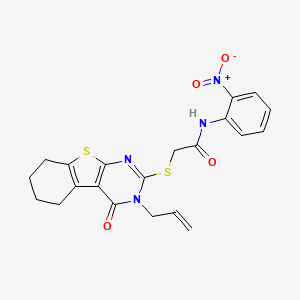 molecular formula C21H20N4O4S2 B2579870 N-(2-nitrophenyl)-2-{[3-oxo-4-(prop-2-en-1-yl)-8-thia-4,6-diazatricyclo[7.4.0.0^{2,7}]trideca-1(9),2(7),5-trien-5-yl]sulfanyl}acetamide CAS No. 421577-86-8
