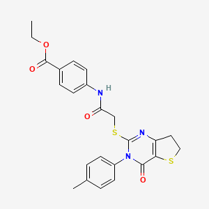 molecular formula C24H23N3O4S2 B2580195 ethyl 4-(2-{[3-(4-methylphenyl)-4-oxo-3H,4H,6H,7H-thieno[3,2-d]pyrimidin-2-yl]sulfanyl}acetamido)benzoate CAS No. 686771-31-3