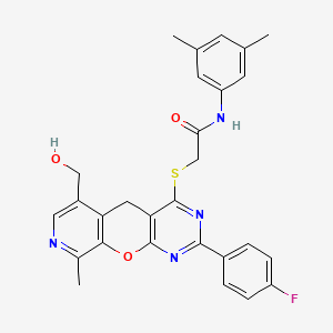 molecular formula C28H25FN4O3S B2580362 N-(3,5-dimethylphenyl)-2-[[5-(4-fluorophenyl)-11-(hydroxymethyl)-14-methyl-2-oxa-4,6,13-triazatricyclo[8.4.0.03,8]tetradeca-1(10),3(8),4,6,11,13-hexaen-7-yl]sulfanyl]acetamide CAS No. 892385-45-4