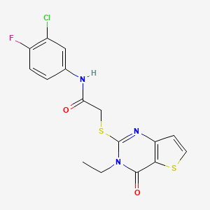 molecular formula C16H13ClFN3O2S2 B2581075 N-(3-chloro-4-fluorophenyl)-2-({3-ethyl-4-oxo-3H,4H-thieno[3,2-d]pyrimidin-2-yl}sulfanyl)acetamide CAS No. 1252917-29-5